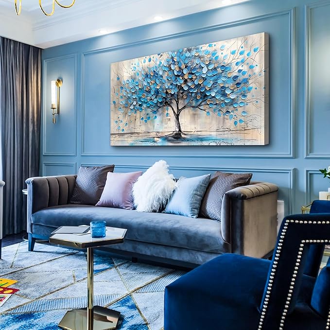 Lapremoly Textured Abstract Wall Pictures Artwork Large Wall Decor For Living Room Framed Canvas Wall Art For Bedroom Office Decor Blue Tree Paintings Panoramic Landscape Prints Home Decor 48"X24"