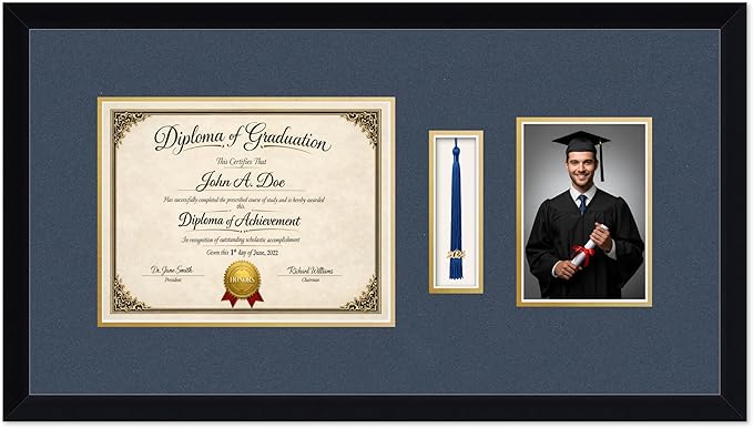 Diploma Tassel and Photo Frame Matte Black Shadowbox Navy Blue Over Gold Mat - Fits 11 x 8.5 Degree Picture Made in the USA