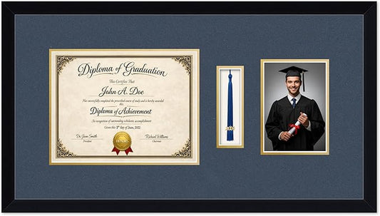 Diploma Tassel and Photo Frame Matte Black Shadowbox Navy Blue Over Gold Mat - Fits 11 x 8.5 Degree Picture Made in the USA