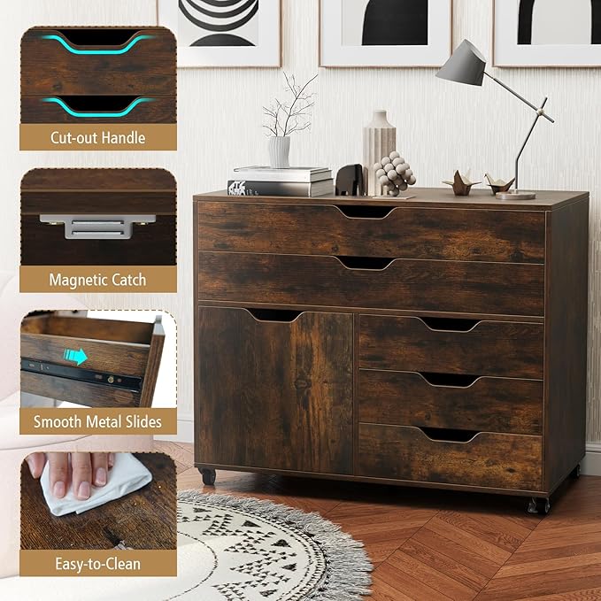 File Cabinet, 5 Drawer Filing Cabinet with Door, Mobile Storage Organizer, Wooden Printer Stand on Wheels for Study Home Office Living Room (Rustic Brown)