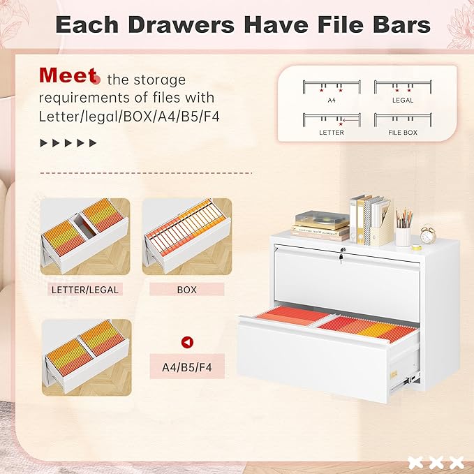 Superday Lateral File Cabinet 2 Drawer Metal File Cabinet with Lock, White Filing Cabinets for Home Office, Locking Filing Cabinets Hanging Files Letter/Legal/F4/A4