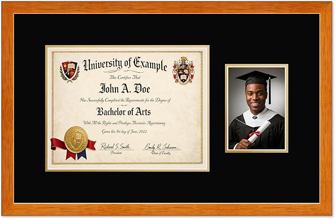 CountryArtHouse Fits 13 x 10 College Diploma (Traditional) and 5 x 7 Photo Diploma and Photo Frame Honey Oak Genuine Hardwood with Black Over Metallic Gold Double mat