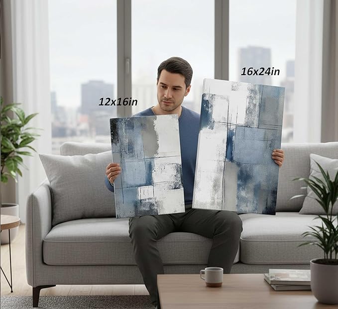 3 Pcs Navy Blue Abstract Canvas Wall Art Modern Minimalist Neutral Blue and Grey Paintings Pictures Wall Decor Poster Print Artwork for Living Room Bedroom Office Home Decoration