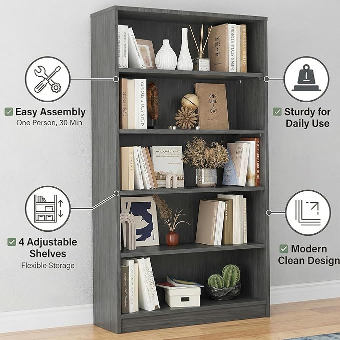 5 Tier Wooden Bookshelf, 60" H Tall Book Shelf with Adjustable Shelves, 33" Wide Bookshelf for Home Office, Living Room