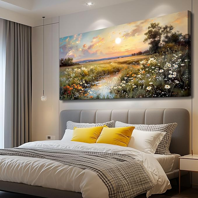 hyidecorart Large Canvas Wall Art for Living Room Wall Decor Bedroom Vintage Farmhouse Wildflower Wall Painting Office Decorations Nature Landscape Picture Artwork Aesthetic Home Decor Ready To Hang