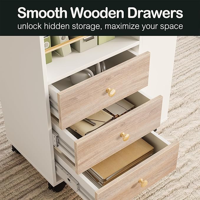 3 Drawer Mobile File Cabinet, Wood Rolling Filing Cabinet with Lockable Wheels, Utility Cart with Open Storage Shelves Home Office Fits A4/Legal, 19.7" x 11.8" x 26.3", Light Walnut