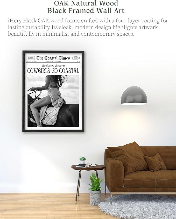 iHery Premium Natural Black OAK Wood 16x20in Cowgirls Go Coastal Trendy Framed Wall Art, Vintage Western Horseback Riding Times Canvas Wall Decor For Dorm Bedroom Living Room 1Pack