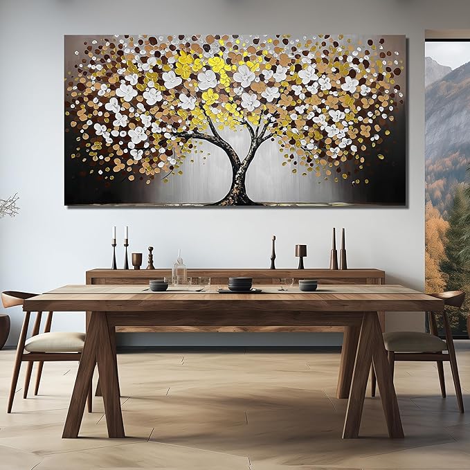 Tree Painting for Living Room for White and Gold Wall Art for Dining Room Extra Large Home Office Decor 47 x 95 Inch