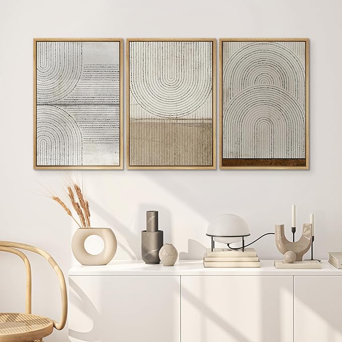 SIGNWIN Framed Canvas Print Wall Art Set Grunge Circle Polygon Collage Abstract Geometric Cozy Neutral Minimalism Modern Art Decorative Boho for Living Room, Bedroom, Office - 24"x36"x3 Natural