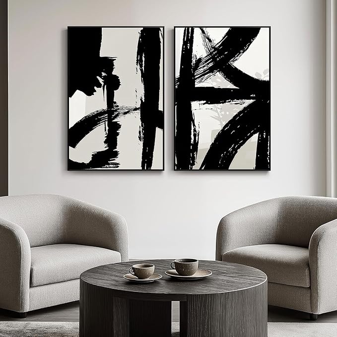 Set of 2 Framed Black and White Brush Stroke Canvas Wall Art Modern Abstract Minimalist Ink Line Painting Retro Mid-Century Geometric Poster Prints for Office Home Decor (16inx24in Framed)