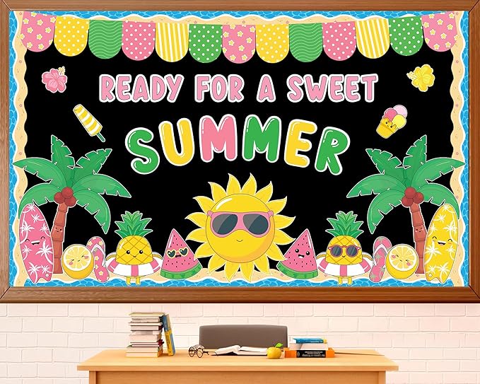 Summer Bulletin Board Decoration Set Beach Bulletin Board Decorations Summertime Hawaiian Paper Cutouts kit Sweet Summer Tropical Theme Decor for School Classroom Home Office Chalkboard Wall Door