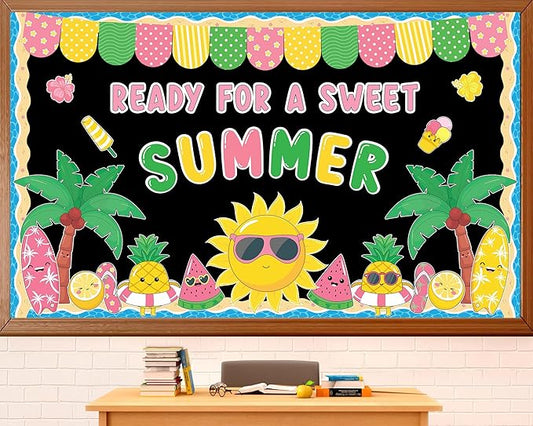 Summer Bulletin Board Decoration Set Beach Bulletin Board Decorations Summertime Hawaiian Paper Cutouts kit Sweet Summer Tropical Theme Decor for School Classroom Home Office Chalkboard Wall Door