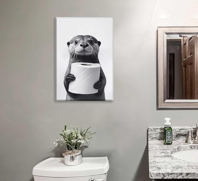 Bathroom Animal Canvas Wall Art Funny Raccoon Wall Decor Black and White Otter Print Picture Farmhouse Bathroom Painting for Restroom Decoration Framed