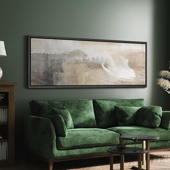 SIGNFORD Large Framed Canvas Neutral Ocean Wave Abstract Illustrations Modern Art Calm Warm for Living Room, Bedroom, Office - 60"x20"