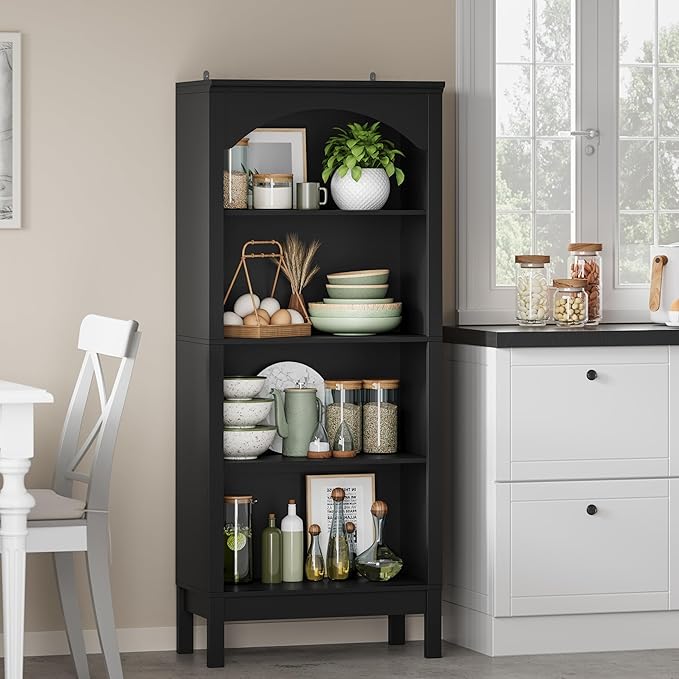 Arched Bookshelf with 4 Tier Open Shelves, 56" Tall Wood Bookcase with Adjustable Shelves, 24" Wide Floor Standing Display Storage Shelf for Home Office, Kitchen, Study and Living Room, Modern Black