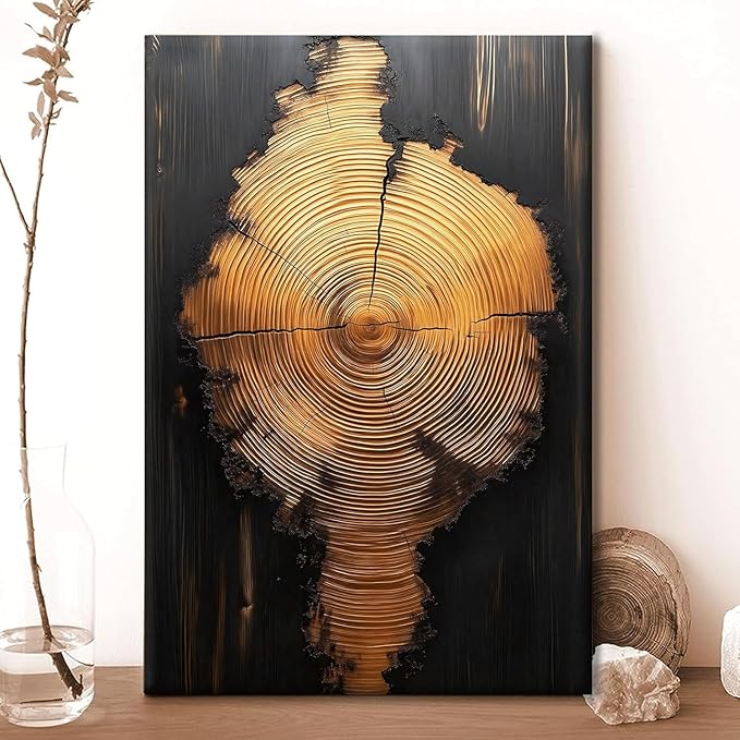 IBHJSART Framed Tree Ring Canvas Wall Art Black And Gold Wall Art Prints Modern Minimalist Pictures Neutral Nature Rustic Farmhouse Decor Living Room Bedroom Bathroom Office.
