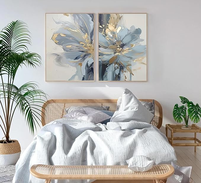 2Pcs Neutral Abstract Floral Canvas Wall Art Luxurious Light Blue Grey And Gold Flower Painting Pictures Wall Decor Poster Print Artwork for Living Room Bedroom Bathroom Home Decoration Unframed