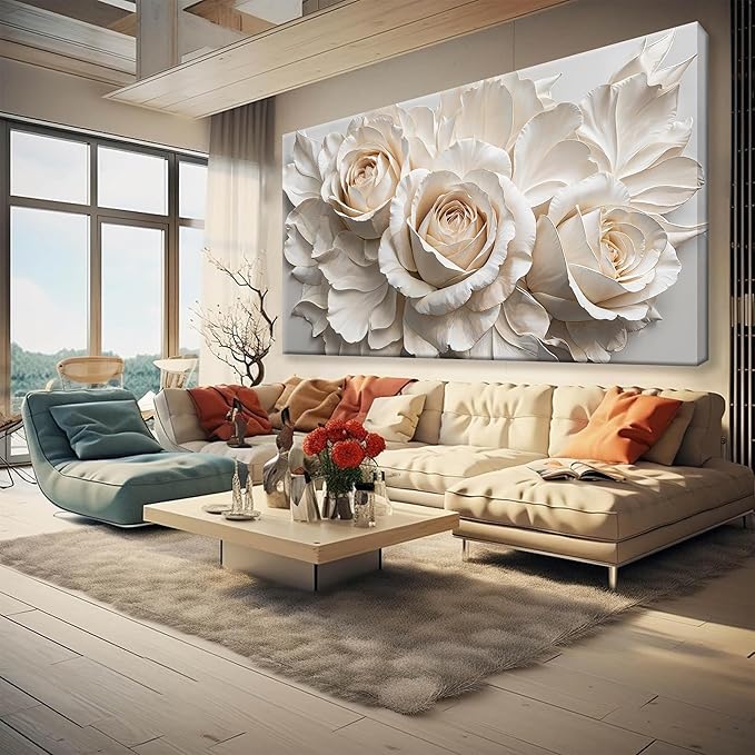 QSQ Large Wall Art For Living Room Prints Home Wall Decor Modern Canvas Art Wall Decor 39 X 78 Inches White Flower Wall Art Elegant Flower Painting Picture For Bedroom Hotel Office Artwork
