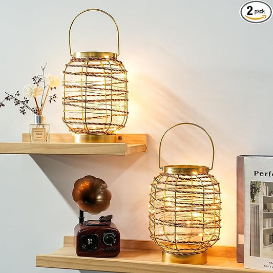Set of 2 Battery Operated Table Lamp 7.7 "H Metal Cage LED Cordless Lamp with 6-Hour Timer, Vintage Decorative Fairy Lights Lantern for Indoor/Outdoor Bedrooms Weddings Parties Patio Events