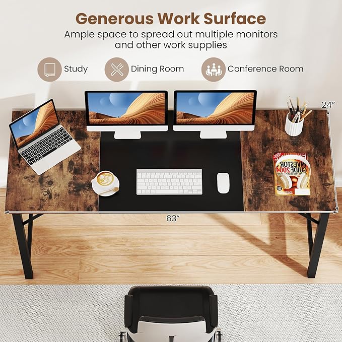 Giantex 63 Inch Computer Desk, Modern Simple Office Desk with Triangle Structure Metal Frame, Computer Workstations for Home Office, Study, Conference Room, Rustic Brown and Black
