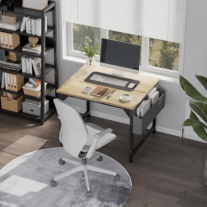 Shahoo Office Computer Desk, 32 Inch Student Home Table for Writing Work with Headphone Hook and Storage Bag, Oak