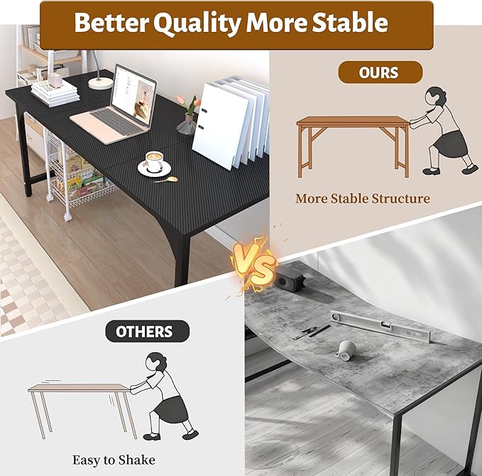 AZN Computer Desk, 55in Computer Desk, Gaming Office Desk w/Carbon Fiber Tabletop, Gaming Office Desk w/Sturdy Metal Frame, Home Office Desks w/Large Legroom for Game Work Study Writing, Black