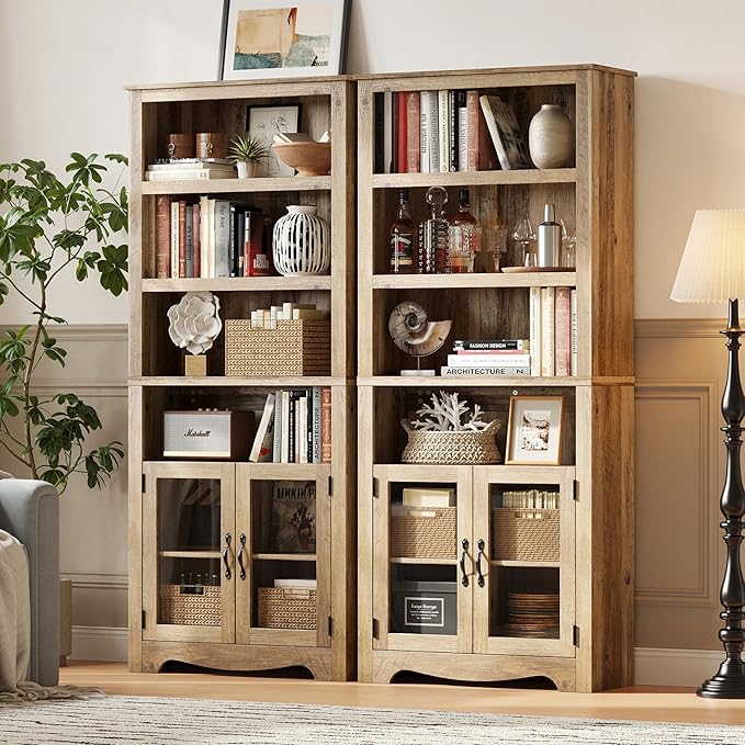 LINSY Bookshelf with Doors, 6 Shelf Bookcase Tall Bookshelves, 73" Farmhouse Book Shelf with Storage Cabinet, Wood Book Shelves for Living Room, Bedroom, Office, Rustic Brown