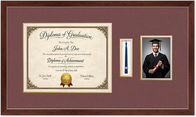 Diploma Tassel and Photo Frame Rustic Walnut Shadowbox Dark Red Over Gold Mat - Fits 14 x 11 Degree Picture Made in the USA
