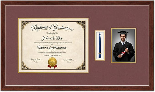 Diploma Tassel and Photo Frame Rustic Walnut Shadowbox Dark Red Over Gold Mat - Fits 14 x 11 Degree Picture Made in the USA