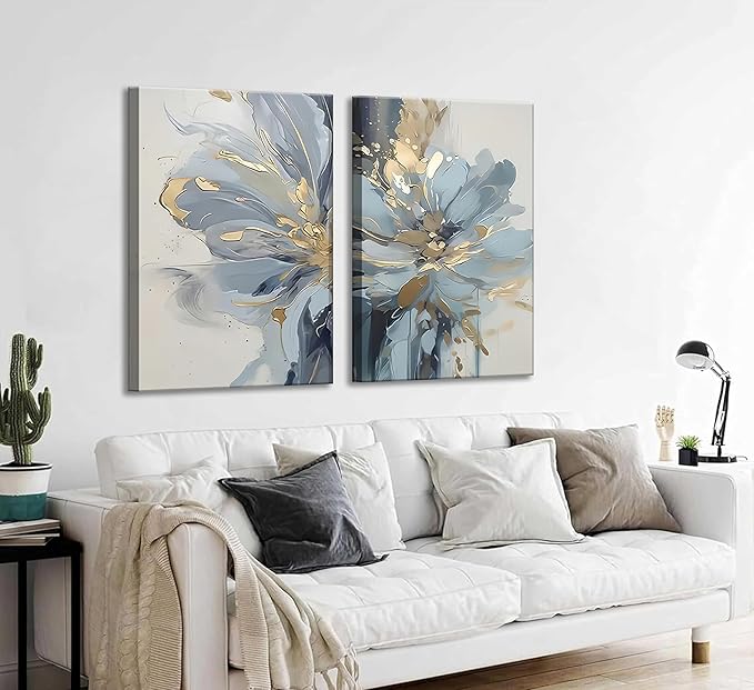 2Pcs Neutral Abstract Floral Canvas Wall Art Luxurious Light Blue Grey And Gold Flower Painting Pictures Wall Decor Poster Print Artwork for Living Room Bedroom Bathroom Home Decoration