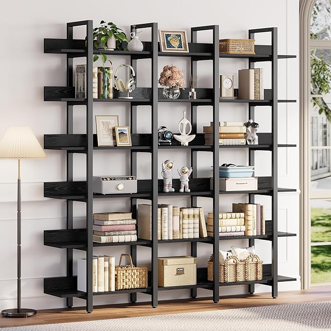 IRONCK Bookcase and Bookshelves Triple Wide 6 Tiers Large Open Shelves, Etagere Bookcases with Back Fence for Home Office Decor, Easy Assembly