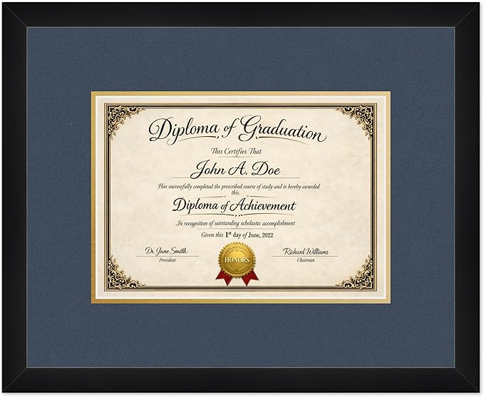 Diploma Frame Matte Black with Navy Blue Over Gold Double Mat - Fits 11.69 x 8.27 A4 Certificate Wall Display Made in the USA