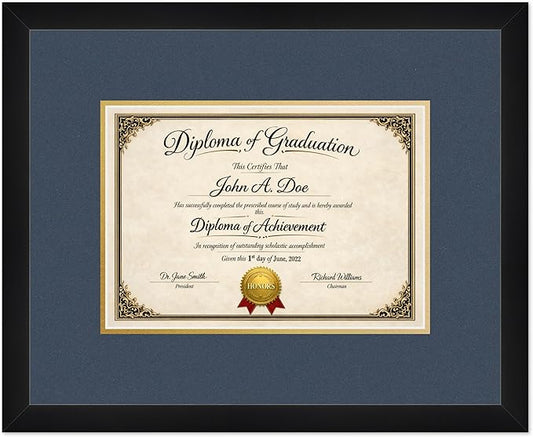Diploma Frame Matte Black with Navy Blue Over Gold Double Mat - Fits 11.69 x 8.27 A4 Certificate Wall Display Made in the USA