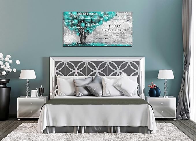 Teal Wall-Decor For Office - Inspirational Quotes Tree Wall Art - Large Canvas Wall Art Teal Decor For Living Room Ready To Hang Size 20" x 40"