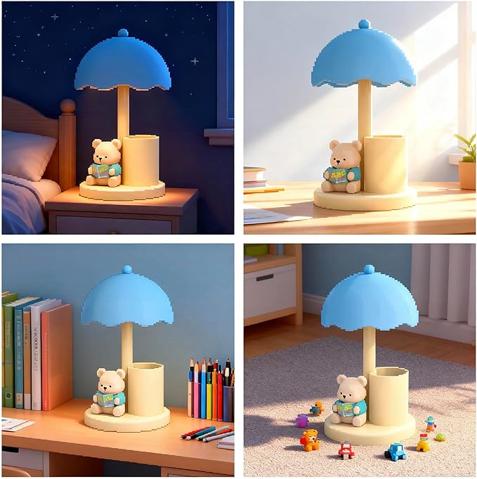 Cute Bear Desk Lamp with Pen Holder, 2-in-1 Kids Table Lamp Organizer, LED Bedside Lamp with USB Charging Port for Bedroom Study Room, 500 mAh, Rechargeable Lighting Decor for Boys Girls