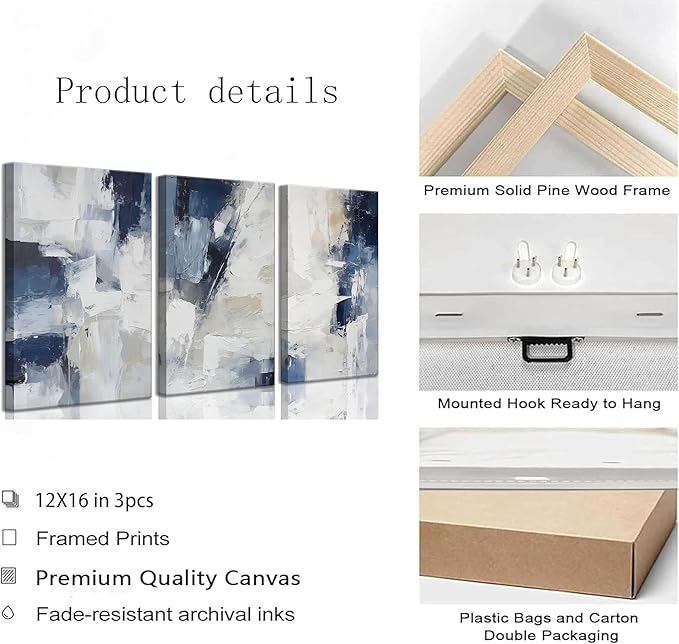 3pcs Navy Blue Abstract Canvas Wall Art Modern Minimalist Neutral Blue White Painting Picture Wall Decor Posters Prints Artworks for Living Room Bedroom Office Home Decoration