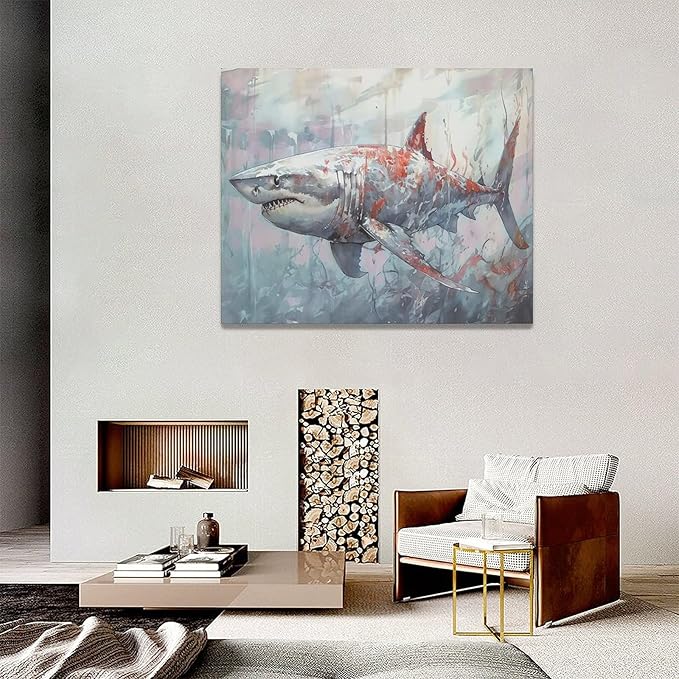 yerretin Ocean Shark Wall Art Nautical Shark Pictures Wall Decor Beach Coastal Undersea Canvas Painting Modern Artwork Home Decorations for Bathroom Bedroom Living Room Office Framed 20"x16"