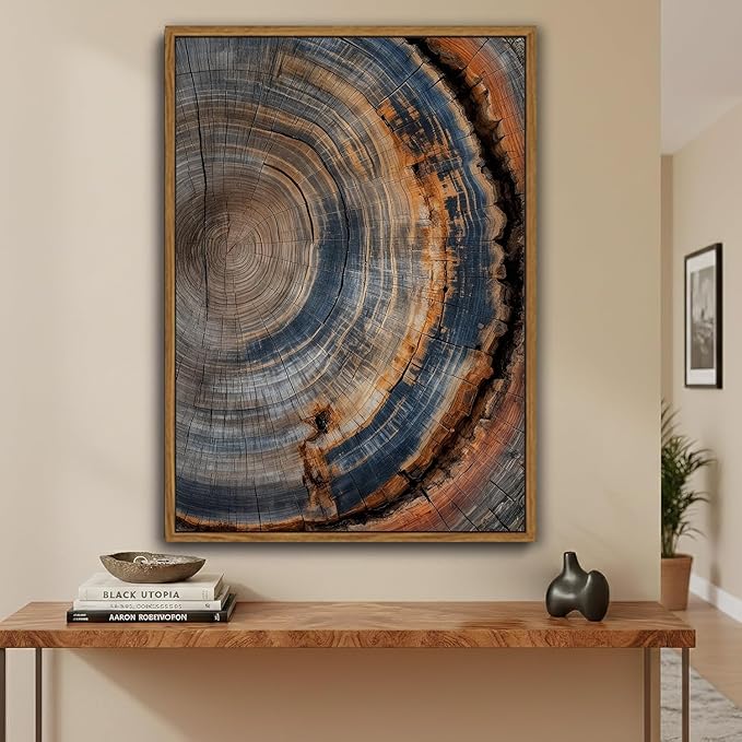 IBHJSART Framed Tree Ring Canvas Wall Art Vintage Colorful Wood Stump Painting Prints Modern Minimalist Pictures Neutral Nature Rustic Farmhouse Decor Living Room Bedroom Bathroom Office 12"x16" Natural Framed