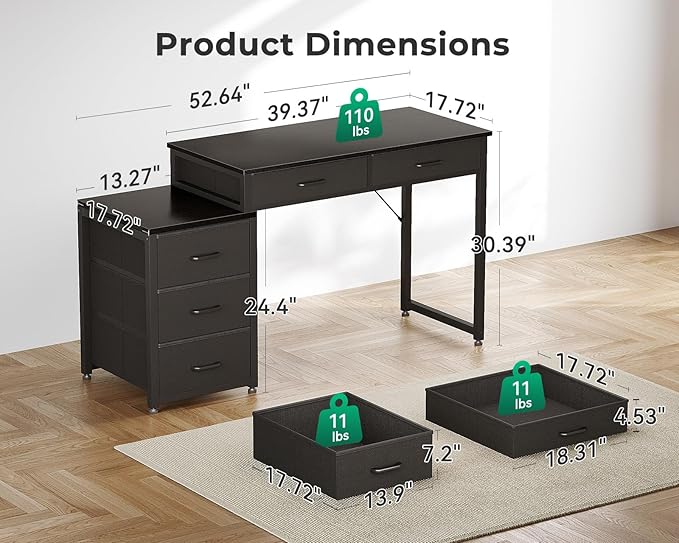 ODK Computer Desk with 5 Drawers, 53 Inch Office Desk with Printer Shelf, Reversible Gaming Desk for Home Bedroom, Writing Table Desk with Headphone Hook for Storage, Black