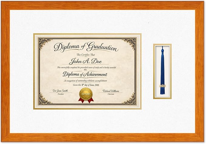 Diploma Frame with Tassel Holder Honey Oak Shadowbox Oyster Shell Over Gold Mat - Fits 11.69 x 8.27 Degree Made in the USA