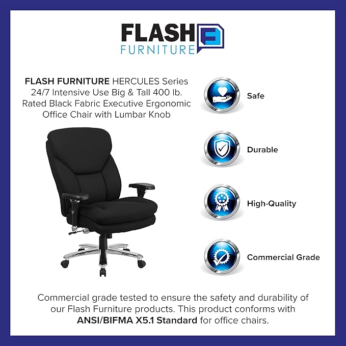Flash Furniture Hercules Series Swivel Office Chair with Extra Wide Seat, Ergonomic High-Back Executive Chair with Padded Seat and Arms, Black