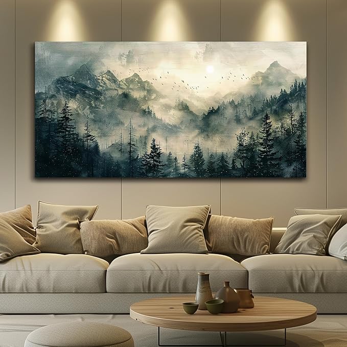FUHAIHUA Large Framed Wall Decor For Living Room Canvas Wall Art For Office Farmhouse Wall Decorations For Bedroom Forest Fog Landscape Paintings Modern Pictures Artwork Room Home Decor 24x48 In
