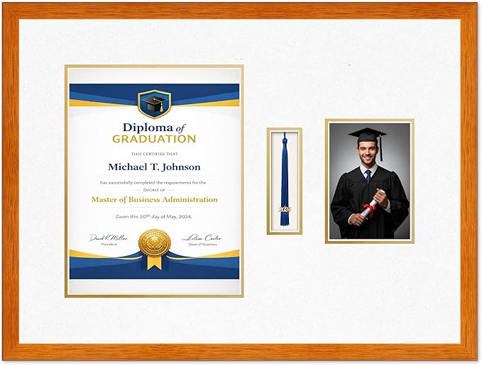 Diploma Tassel and Photo Frame Honey Oak Shadowbox Oyster Shell Over Gold Mat - Fits 10 x 13 Degree Picture Made in the USA