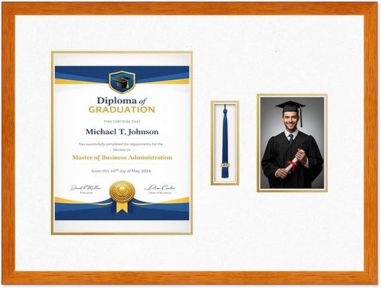 Diploma Tassel and Photo Frame Honey Oak Shadowbox Oyster Shell Over Gold Mat - Fits 10 x 13 Degree Picture Made in the USA