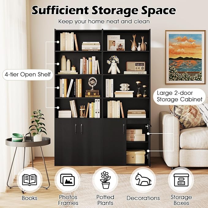 Giantex 70" Bookcase with 2 Doors, 6-Tier Modern Bookshelf w/Cabinet, Elegant Storage Cabinet, Adjustable Shelves, Multipurpose Display Rack, Storage Organizer for Living Room Bedroom Study (Black)