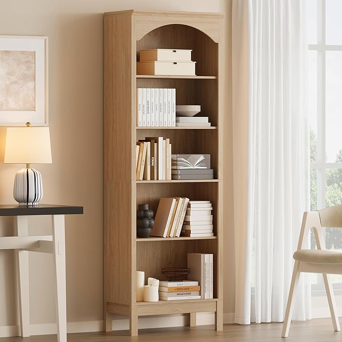 Arched Bookshelf with 5 Tier Open Shelves, 71" Tall Wood Bookcase with Adjustable Shelves, 24" Wide Floor Standing Display Storage Shelf for Home Office, Kitchen, Study and Living Room, Natural Oak