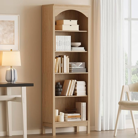 Arched Bookshelf with 5 Tier Open Shelves, 71" Tall Wood Bookcase with Adjustable Shelves, 24" Wide Floor Standing Display Storage Shelf for Home Office, Kitchen, Study and Living Room, Natural Oak