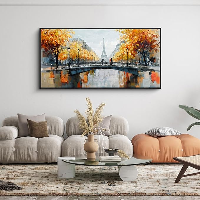KLAKLA Black and White Canvas Wall Art for Living Room Bedroom Bathroom Orange Paris Theme Room Decor Oil Painting Print Tower Eiffel Painting for Wall Decor 29x58 Inches
