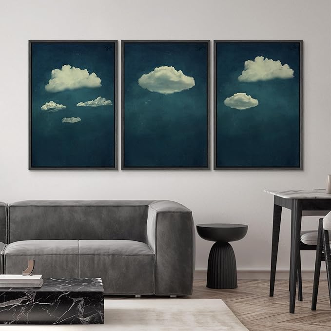 SIGNWIN 3 Piece Framed Canvas Wall Art A Series of White Clouds in The Blue Sky Nature Wilderness Illustrations Abstract Traditional Home Artwork Decoration for Living Room,Bedroom - 24"x36"x3 Black