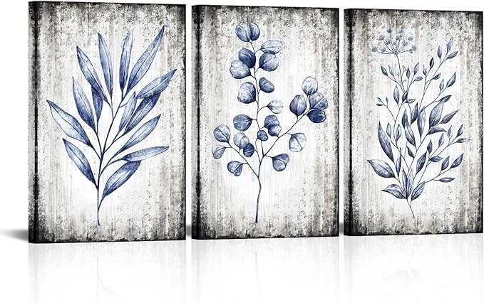 Conipit Navy Blue Botanical Painting Rustic Botanical Wall Art Canvas Minimalist Blue White Leaf Plant Artwork Prints Framed For Living Room Bedroom Wall Decor 16''X24''X3pcs
